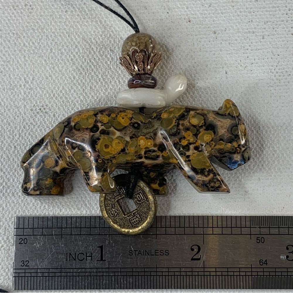 Leopard Skin Jasper Carved Leopard Pendant Necklace Chinese Feng Shui Coin 28" - Picture 15 of 16